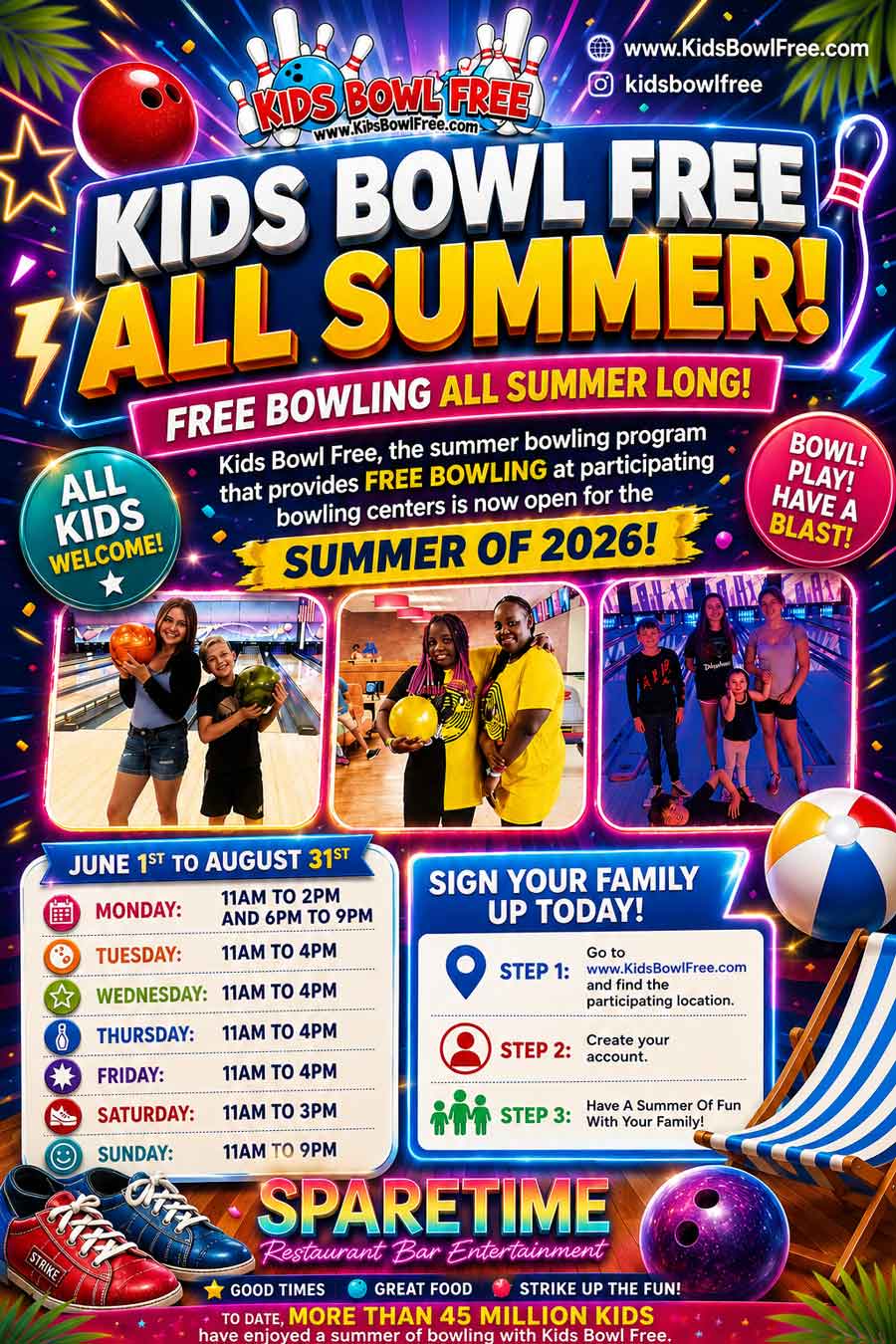 Sparetime Kids Bowl free summer 2026