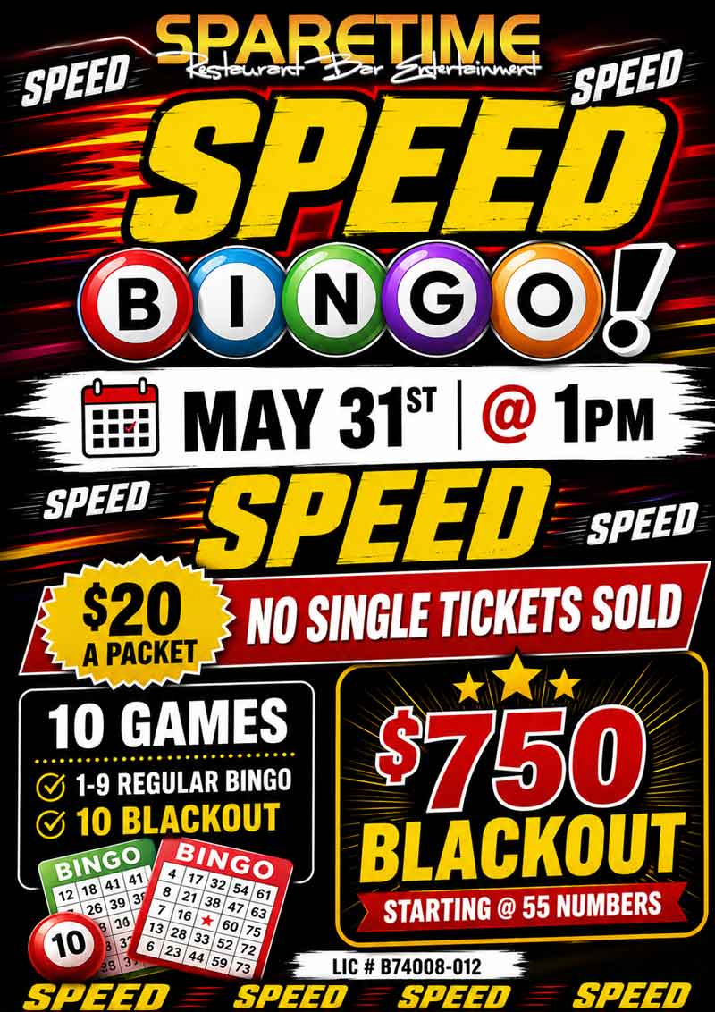 Sparetime speed bingo May 31 at 1pm
